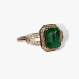 14k Rose Gold Emerald Cut Emerald Diamond Halo Ring Side View
