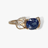 14k Rose Gold Oval Cut Blue Sapphire and Diamond Floral Ring Side View