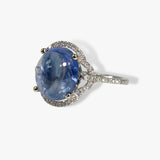 14k White Gold Cabochon Cut Blue Sapphire Diamond Halo Ring Side View