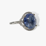 14k White Gold Cabochon Cut Blue Sapphire Diamond Halo Ring Side View