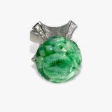 14k White Gold Carved Green Jade and Diamond Vintage Ring