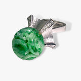 14k White Gold Carved Green Jade and Diamond Vintage Ring Side View