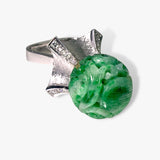 14k White Gold Carved Green Jade and Diamond Vintage Ring Side View
