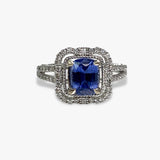 14k White Gold Cushion-Shaped Blue Sapphire Diamond Halo Split Shank Ring