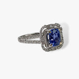 14k White Gold Cushion-Shaped Blue Sapphire Diamond Halo Split Shank Ring Side View
