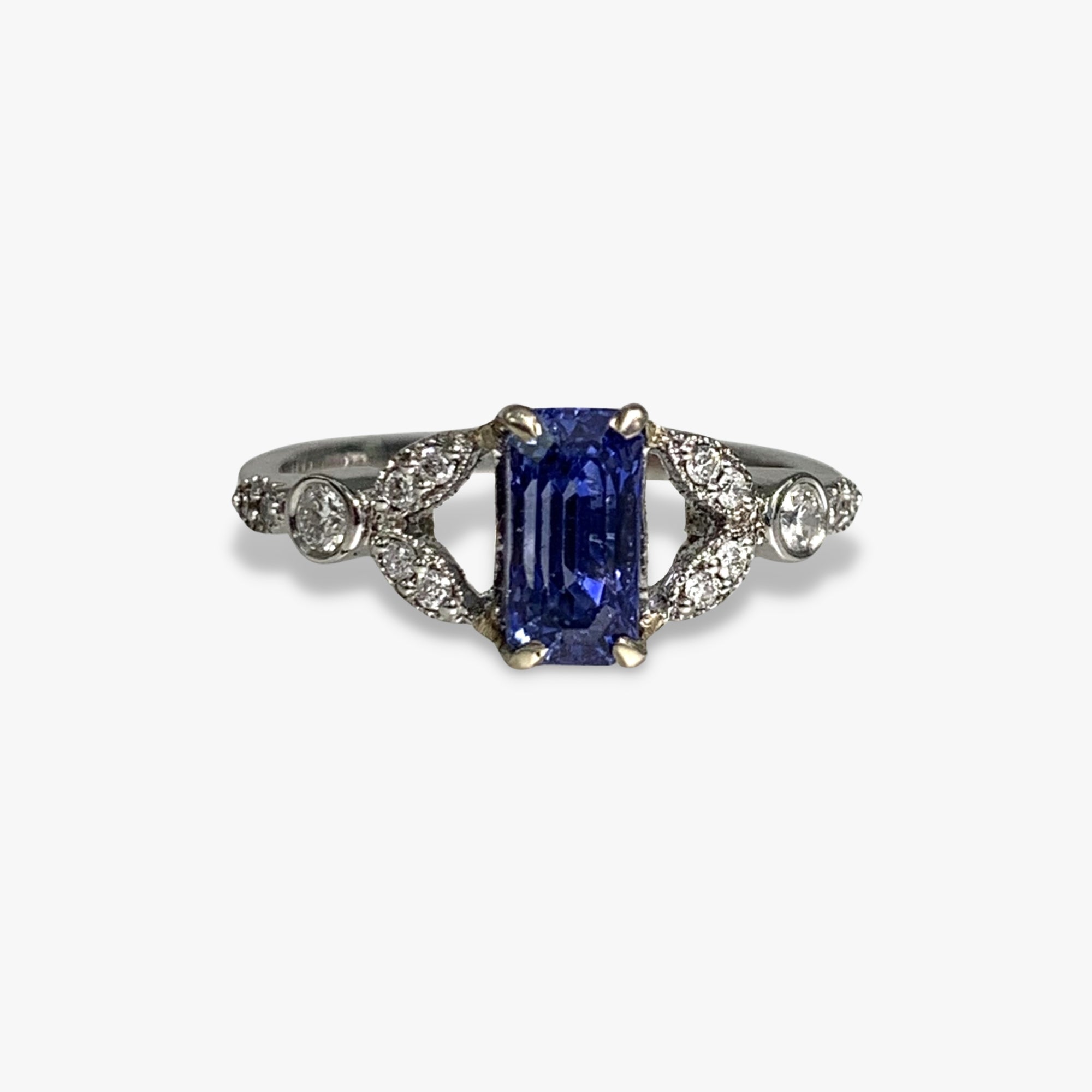 14k White Gold Emerald Cut Blue Sapphire and Diamond Ring