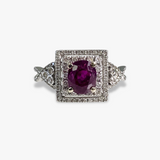 14k White Gold Oval-Shaped Ruby Diamond Double Halo Ring
