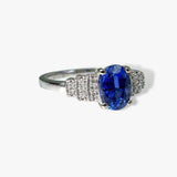 14k White Gold Oval Cut Blue Sapphire and Diamond Ring Side View