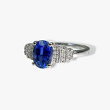 14k White Gold Oval Cut Blue Sapphire and Diamond Ring Side View
