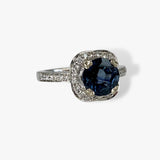 14k White Gold Round Cut Blue Sapphire Cushion-Shaped Diamond Halo Ring Side View