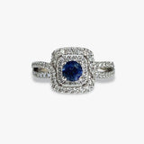 14k White Gold Round Cut Blue Sapphire Double Halo Split Shank Ring