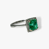 14k White Gold Square Cut Emerald Diamond Halo Ring Side View