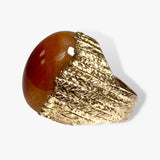 14k Yellow Gold Cabochon Cut Brown Jade High Dome Vintage Cocktail Ring Side View