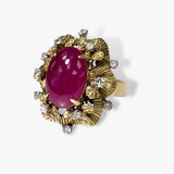 14k Yellow Gold Cabochon Cut Ruby Diamond Vintage Ring Side View