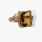 14k Yellow Gold Emerald Cut Citrine and Diamond Vintage Ring Side View