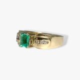 14k Yellow Gold Emerald Cut Emerald and Diamond Vintage Ring Side View