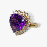 14k Yellow Gold Heart-Shaped Amethyst Diamond Halo Vintage Cocktail Ring Side View