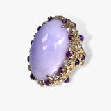 14k Yellow Gold Lavender Jade, Amethyst and Diamond Vintage Cocktail Ring Side View
