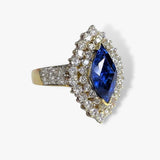 14k Yellow Gold Marquise Blue Sapphire Double Diamond Halo Vintage Ring Side View