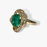 14k Yellow Gold Oval Cut Emerald and Diamond Vintage Ring Side View