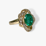 14k Yellow Gold Oval Cut Emerald and Diamond Vintage Ring Side View