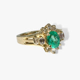 14k Yellow Gold Oval Cut Emerald and Diamond Vintage Ring Side View