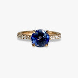 18k Rose Gold Round Cut Blue Sapphire Diamond Pavé Ring