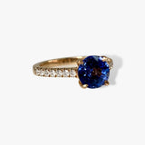 18k Rose Gold Round Cut Blue Sapphire Diamond Pavé Ring Side View