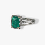 18k White Gold Emerald Cut Emerald Diamond Halo Triple Split Shank Ring Side View