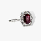 18k White Gold Emerald Cut Ruby and Round Cut Diamond Cluster Ring Side View