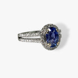 18k White Gold Oval Cut Blue Sapphire Diamond Halo Split Shank Ring Side View