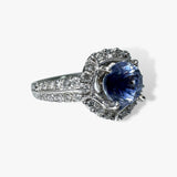 18k White Gold Round Cut Blue Sapphire and Diamond Ring Side View