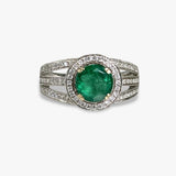 18k White Gold Round Cut Emerald Diamond Halo Triple Split Shank Ring