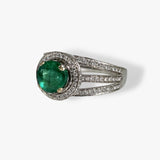 18k White Gold Round Cut Emerald Diamond Halo Triple Split Shank Ring Side View