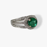 18k White Gold Round Cut Emerald Diamond Halo Triple Split Shank Ring Side View