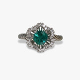 18k White Gold Round Cut Emerald and Diamond Flower Ring