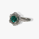 18k White Gold Round Cut Emerald and Diamond Flower Ring Side View