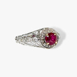 18k White Gold Round Cut Ruby and Diamond Ring Side View