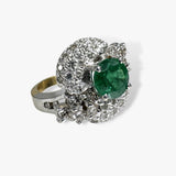 18k White and Yellow Gold Round Emerald and Diamond Vintage Ring Side View