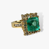 18k Yellow Gold Asscher Cut Emerald and Diamond Vintage Ring Side View