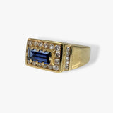 18k Yellow Gold Baguette Cut Blue Sapphire and Diamond Vintage Signet Ring Side View