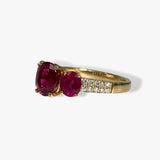 18k Yellow Gold Oval Cut Ruby Diamond Pavé Three-Stone Ring Side View