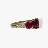 18k Yellow Gold Oval Cut Ruby Diamond Pavé Three-Stone Ring Side View