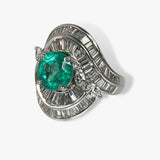 Platinum Round Cut Emerald and Diamond Vintage Ring Side View