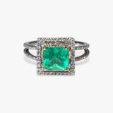 14K White Gold Emerald Diamond Double Halo Split Shank Ring