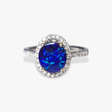 14k White Gold Cabochon Black Opal Diamond Halo Ring