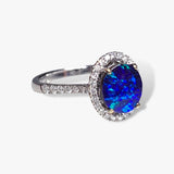 14k White Gold Cabochon Black Opal Diamond Halo Ring