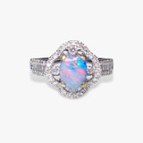 14k White Gold Cabochon White Opal and Diamond Clover Ring