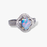 14k White Gold Cabochon White Opal and Diamond Clover Ring