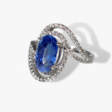 14k White Gold Oval Blue Sapphire Diamond Bypass Ring Side View